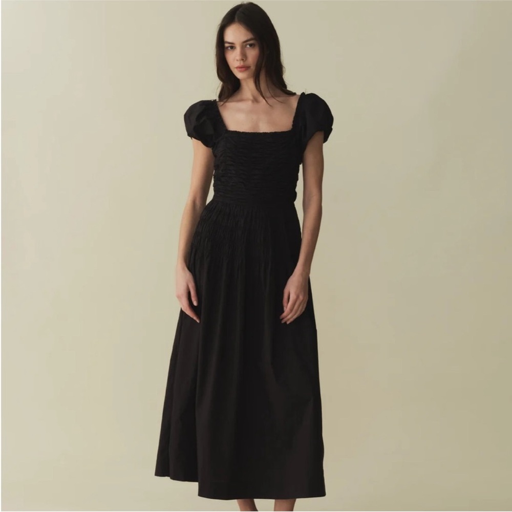 Katherina Black Puff Sleeve Smocked Midi Dress